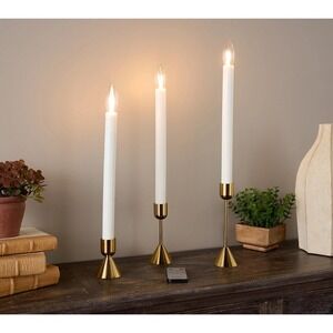 Bethlehem Lights Set of 3 Flameless Taper Candles w/ Gold Holders Remote Ivory‎